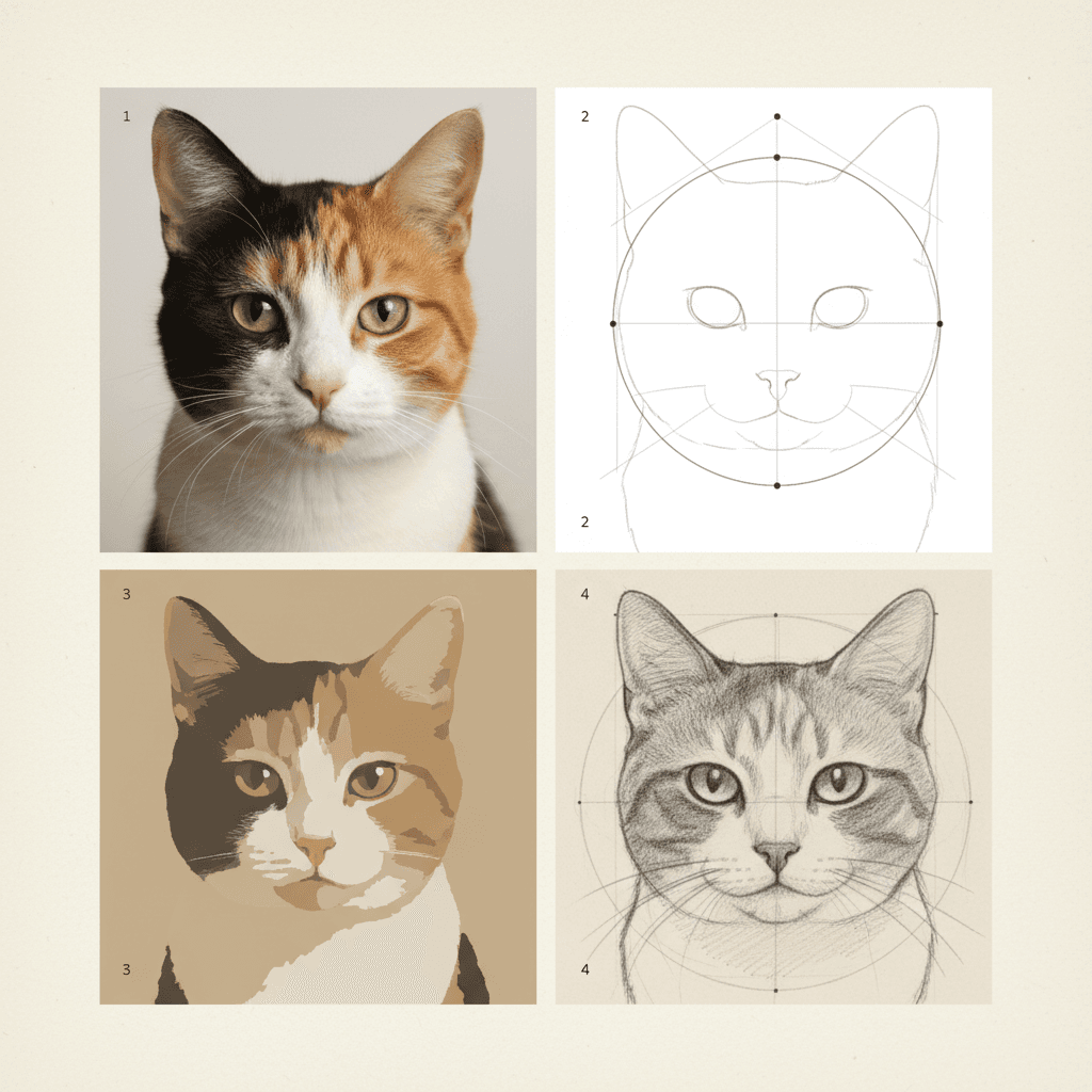 Reference photo of a cat alongside its 4-step construction guide